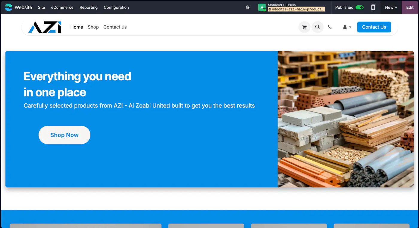 The new AZI storefront running on Odoo, replacing the old PHP site.