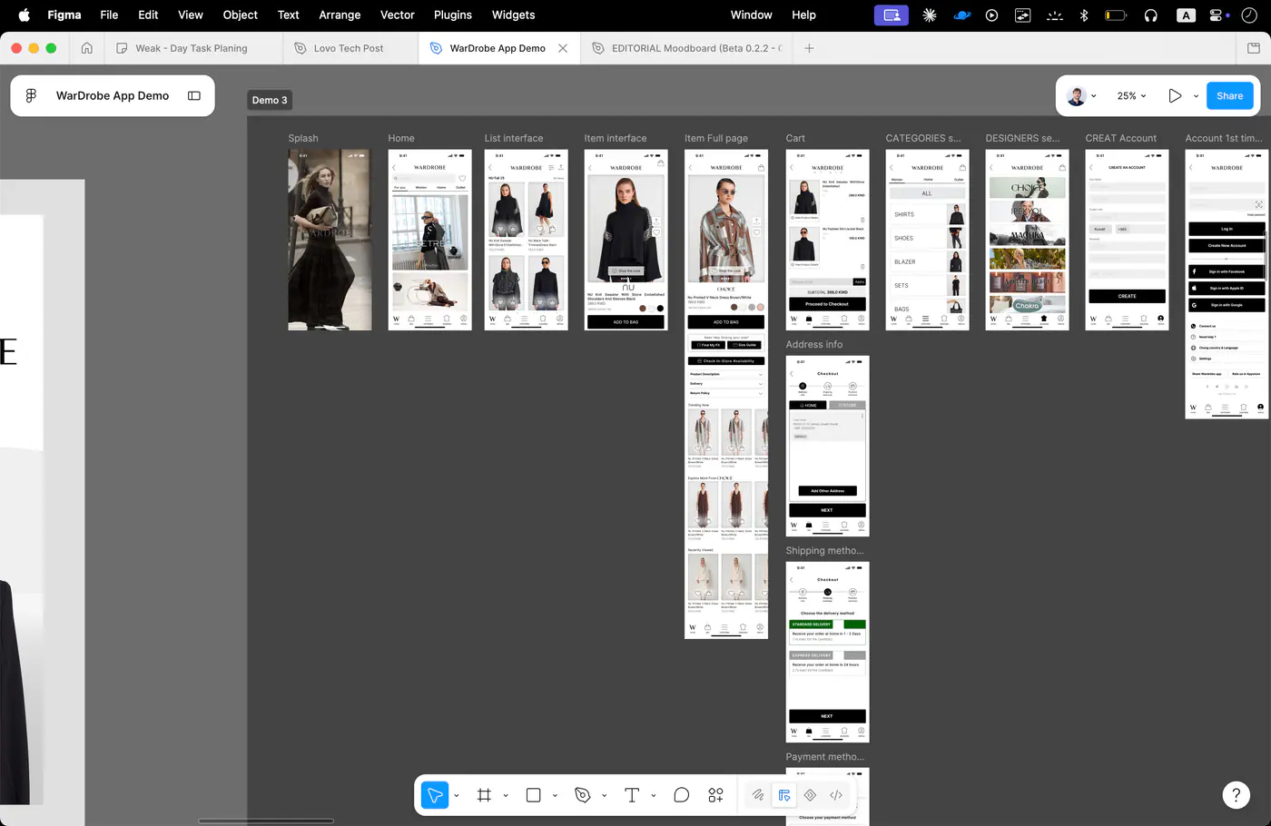 Screen set for the Wardrobe Fashion app.